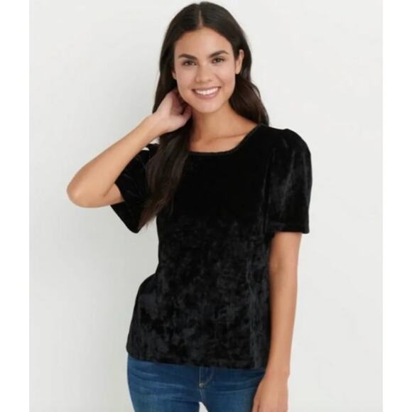 Lucky Brand Black Crushed Velvet Blouse Top Short Sleeve Shirt M Medium - Picture 2 of 10